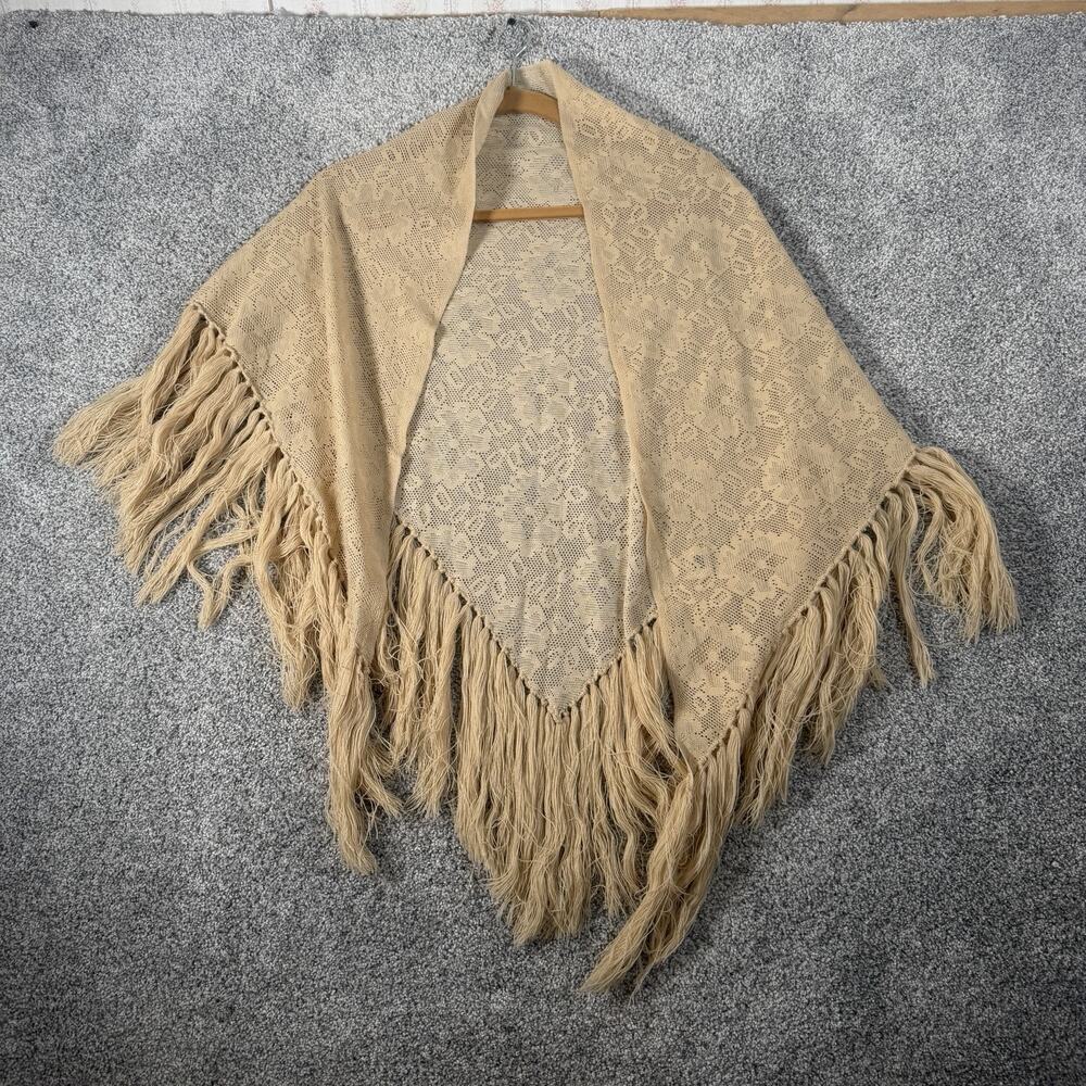Vintage 80s Beige Lace Knit Triangle Shawl Wrap Long Fringe Boho Romantic Floral